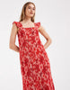 PIECES plisse maxi dress with frill sleeves in pink and red floral print