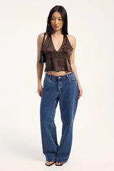 Luck & Trouble Penelope Satin Lace Halter Top Brown