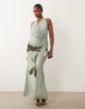 cowl neck floral placement print mesh maxi dress in teal