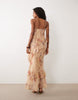 bias cut maxi dress with ruffles and high-low in floral print