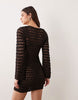 Miss Selfridge crochet long sleeve mini dress with keyhole detail in chocolate