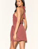Noughts & Kisses linen blend gold-tone hardware plunge keyhole halterneck wrap skirt detail mini dress in brown