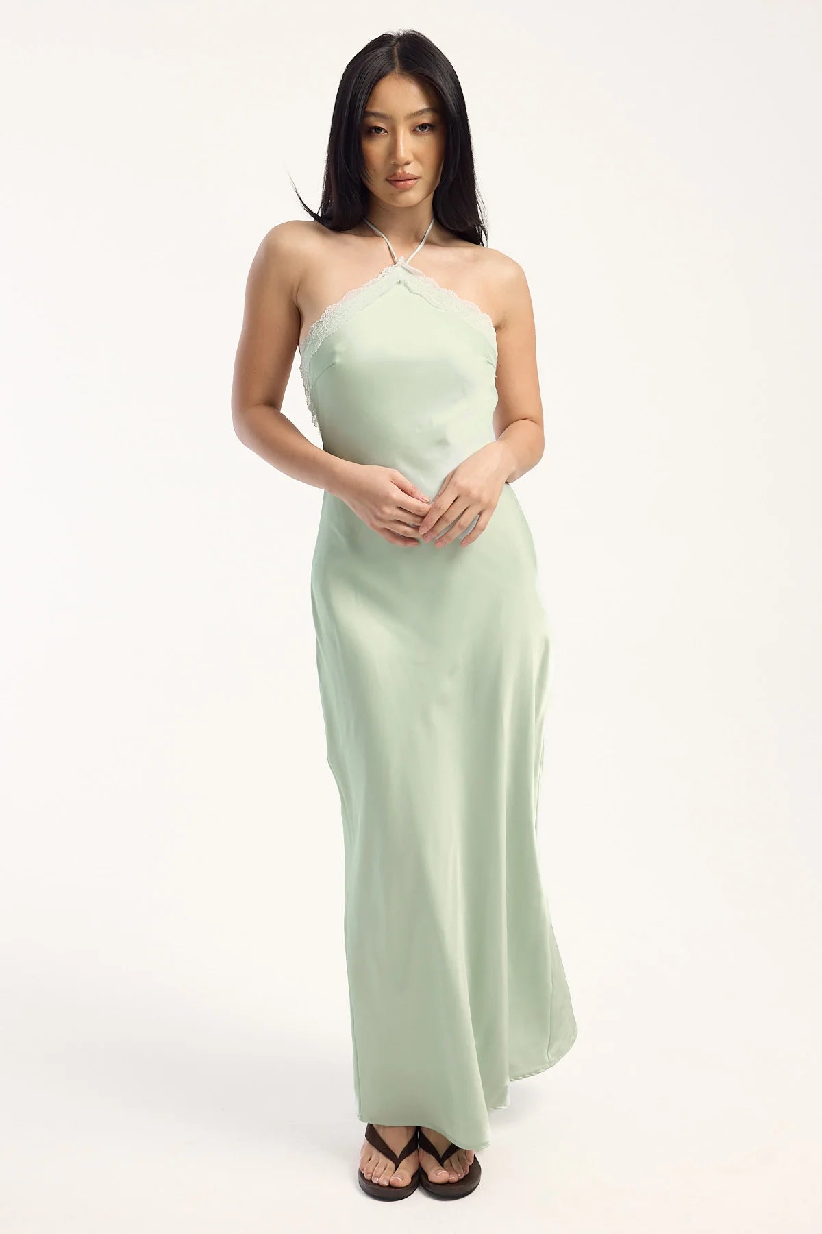 Luck & Trouble Marcella Lace Trim Satin Maxi Dress Soft Green