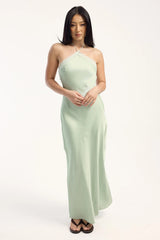 Luck & Trouble Marcella Lace Trim Satin Maxi Dress Soft Green