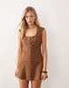 square neck button down mini sundress in warm chocolate