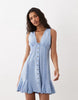 v neck button down mini dress with lace trim and godets in dusky blue