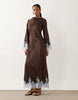 TFNC satin cowl neck contrast lace trim bell sleeve maxi dress in chocolate