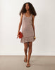 crochet jersey scoop neck mini dress with frill detail in brown and cream gingham