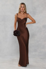 The Penelope Cowl Satin Maxi Dress Chocolate Brown