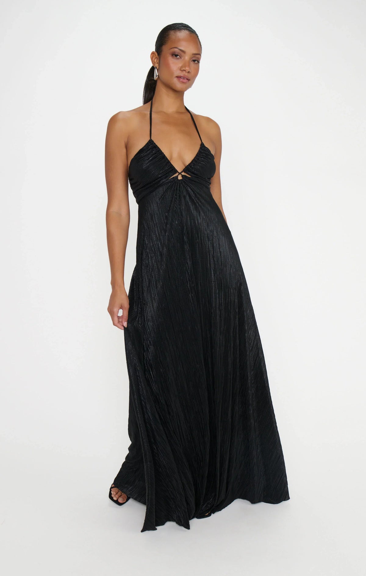 Paros Maxi Dress ~ Pleated Black Gloss