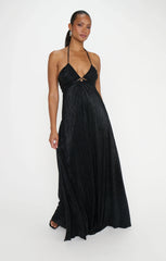 Paros Maxi Dress ~ Pleated Black Gloss