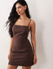 Kaiia Exclusive linen blend tailored strappy open back mini dress in chocolate