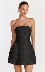 Rosalie Mini Dress - Strapless Jacquard Floral Mini Dress in Black