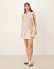 cotton linen blend halter neck wrap mini sundress in pastel mixed stripes