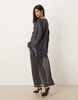 slash neck satin maxi dress with batwing sleeves and chiffon skirt in gray