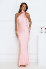 Cinnamon Glaze Halter Satin Maxi Dress Pink