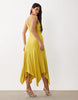 v neck hanky hem soft slinky midi dress in chartreuse