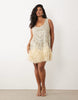 ASOS LUXE Curve embellished scoop neck mini dress with faux feather hem in pale yellow