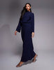 long sleeve tucked waist bias cut maxi dress in chocolate
