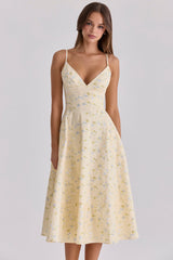 lemon floral print strappy cotton midi sundress