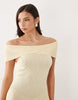 Aria Cove bouclé knit twisted off the shoulder and knotted drape front mini dress in yellow