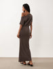 off shoulder blouson midi dress in chocolate