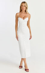 Anessa Midi Dress - Button Front Bustier Fitted Dress in White