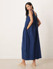poplin ruched scoop neck and back midaxi sundress in navy