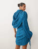 plisse asymmetric cape sleeve mini dress in blue teal
