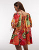 scoop neck poplin mini dress with tie sleeves in print