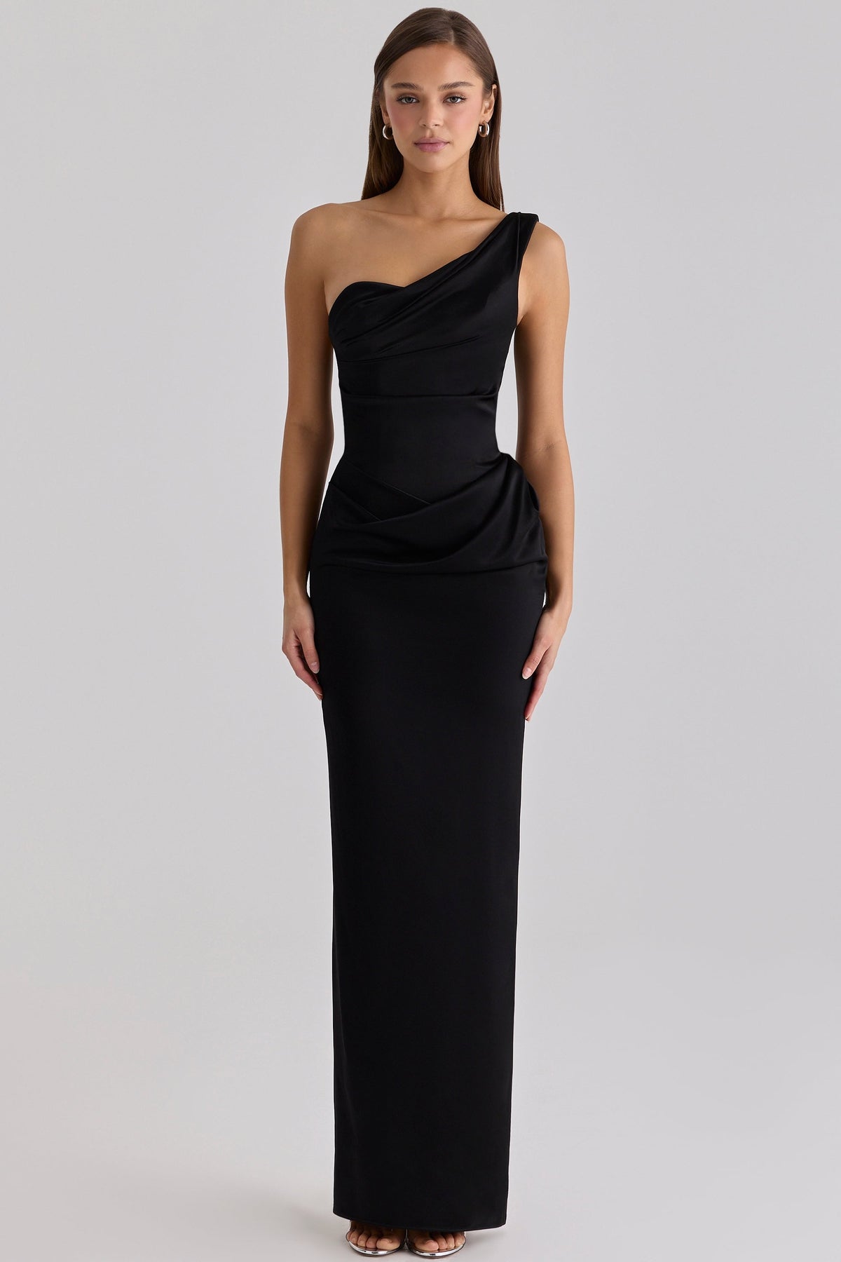 black satin one shoulder maxi dress