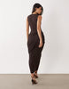 plunge neck gather detail mesh maxi dress in chocolate