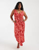 PIECES Curve wrap detail cami plisse maxi dress in pink and red floral print