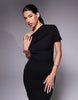 pleated shoulder midi pencil dress in black