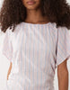 short sleeve mini dress with ruched tie waist detailing in pink and blue stripes