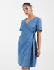 Vero Moda Petite short sleeve wrap front denim mini dress in light blue wash