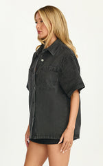 Iris Top - Oversized Recycled Denim Short Sleeve Shirt in Black