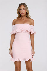 Glimmering Noir Off Shoulder Lace Mini Dress Pink