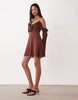 Miss Selfridge premium linen blend knit ruffle trim cold shoulders mini dress in chocolate