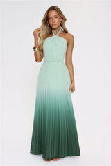 Wave Bloom Halter Pleated Maxi Dress Green