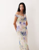 Tall fallen twist shoulder chiffon midi dress in abstract print