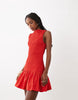 shirred drop waist mini dress in red