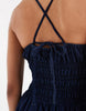 denim shirred mini dress in inky wash