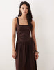 square neck ruched bodice midi dress in chocolate