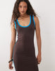 scoop neck with contrast blue binding maxi dress in brown