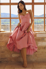 raspberry satin tulle midi dress