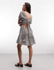 Noisy May tiered seersucker mini dress with open tie back in chocolate gingham