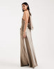 Six Stories Bridesmaids satin plunge knot detail open back maxi dress in mocha