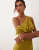 fallen shoulder midaxi dress with asymmetric godet hem in olive