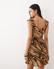 Tall mini dress with cap sleeves in brown abstract print